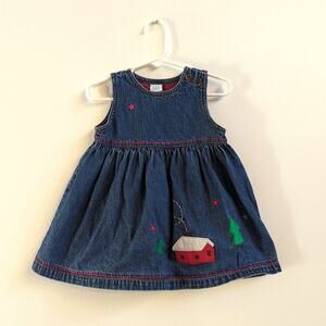 Vtg Baby Gap Dress Girls Sz 12-18m Denim Christmas Cabin Bear